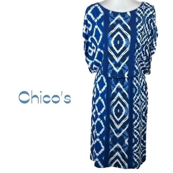 Chico’s Blue Tie Dye Party Cruise Coastal  Grandma Dress NWOT Size 8 - Picture 2 of 16